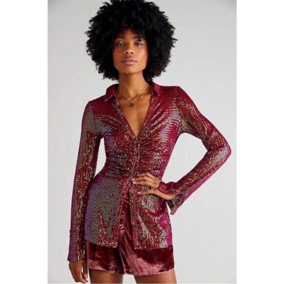 Free People Magenta Sequin Long Sleeve Button Down Shirtee Top Size L - Picture 2 of 8